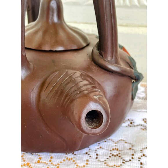 Vintage Clay Pumpkin Chinese Yixing Teapot Vines Big Stem Handle Signed - Picture 10 of 16